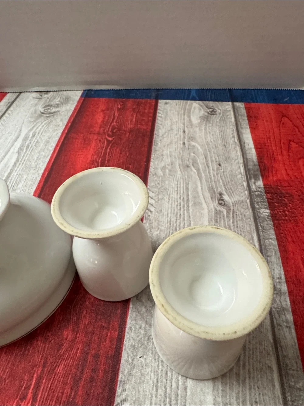 Vintage White/Cream Ceramic Pedestal Tea Cup and Egg Cups Set